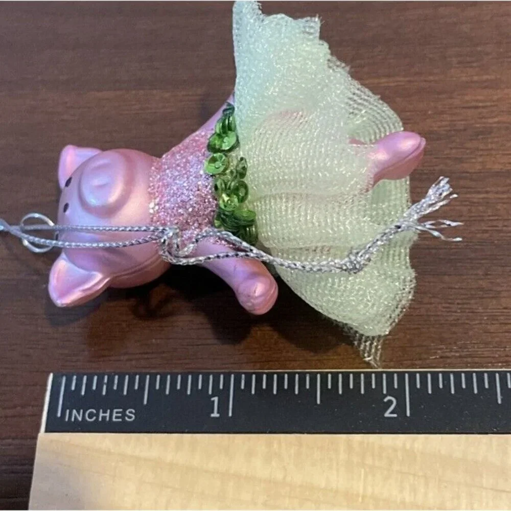 Ballerina‎ 2 Mini Pig Christmas Ornament Green Blue Tutu Glittery Ballet NEW #2